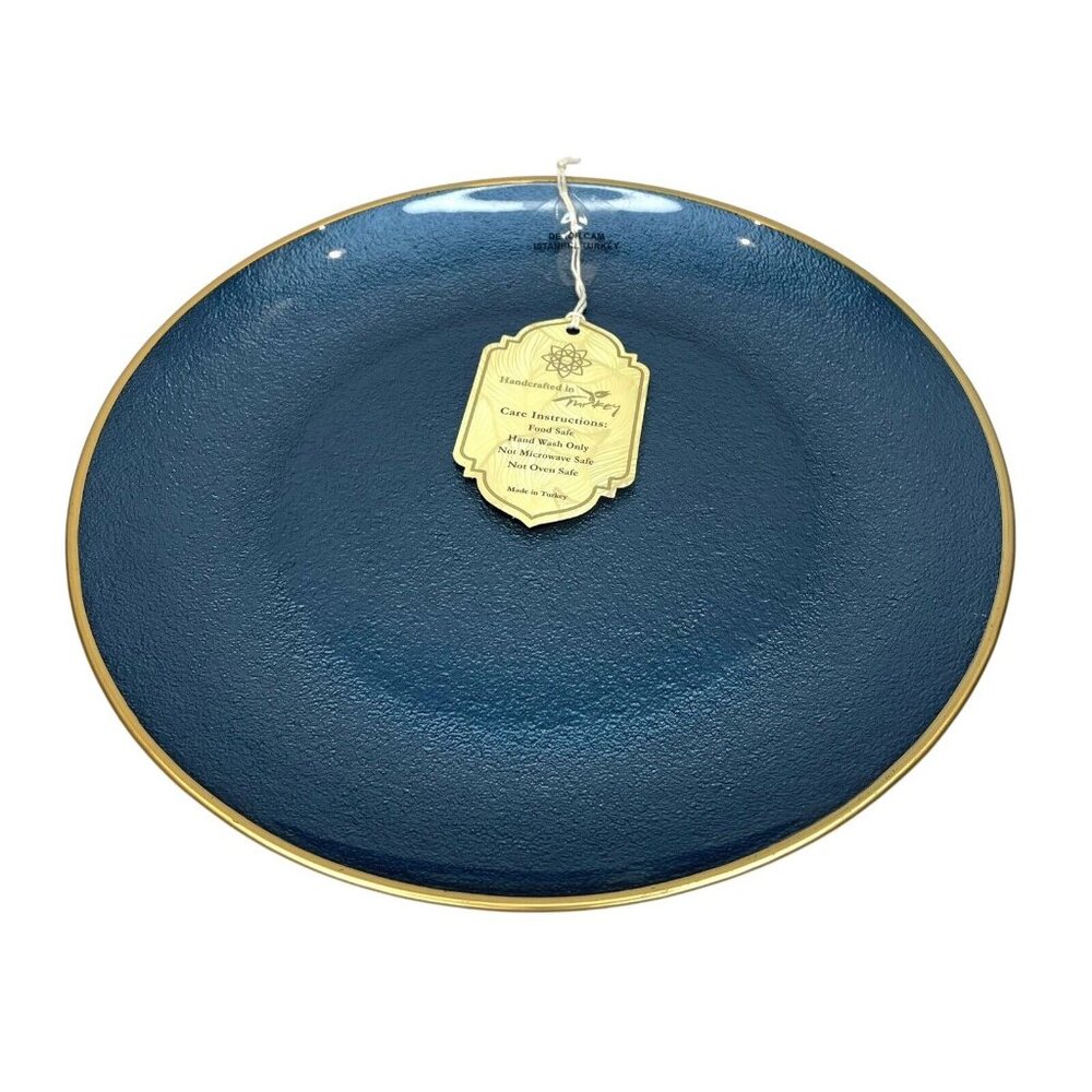 Turkish Glass 4 Entree Dinner Plates Set Blue Textured Gold Rim 11" NWT